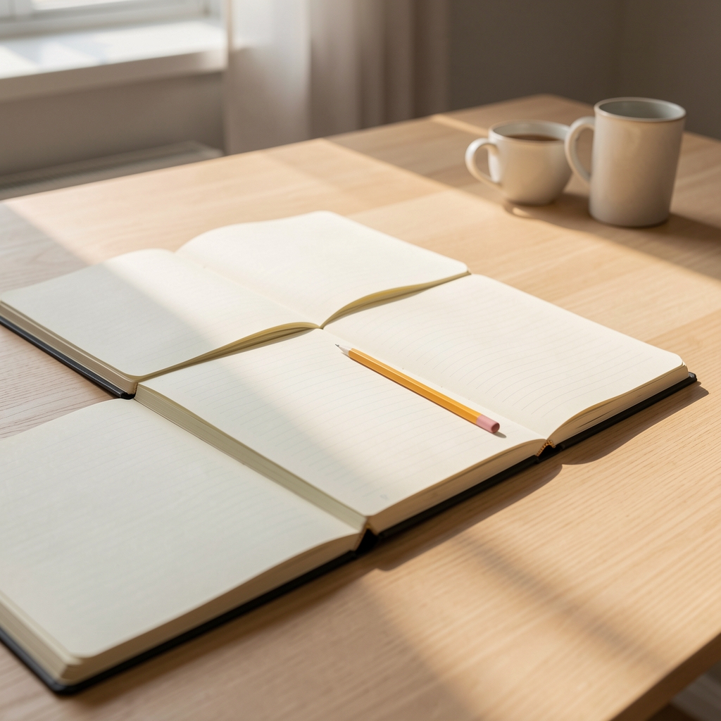 Editorial workspace with a reading lamp casting warm light over an open notebook and coffee cup on a dark wooden desk
