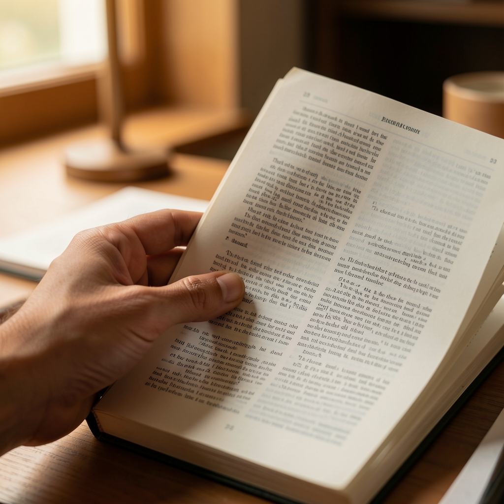 Close-up of a hand turning the page of a printed journal in warm ambient light, soft focus background
