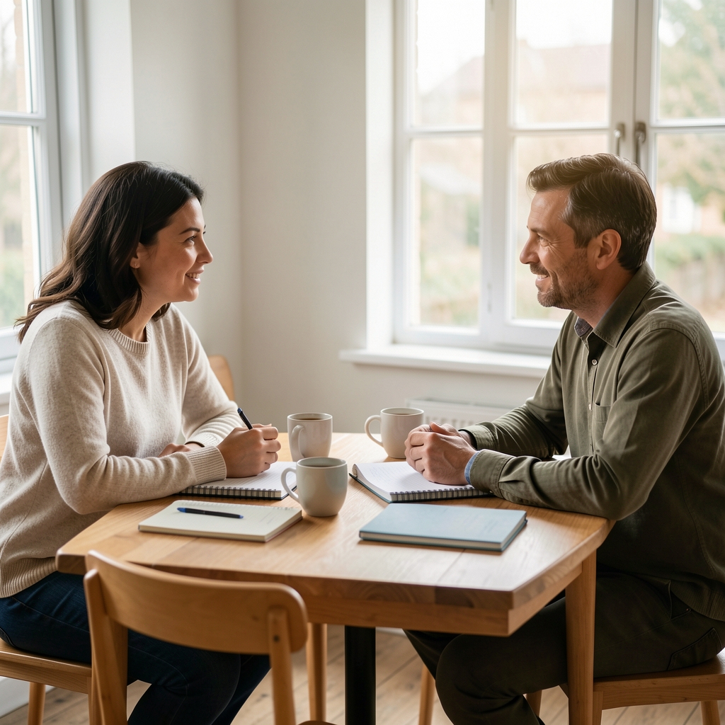 Two people in conversation at a simple table with notebooks and coffee cups, natural light from a nearby window