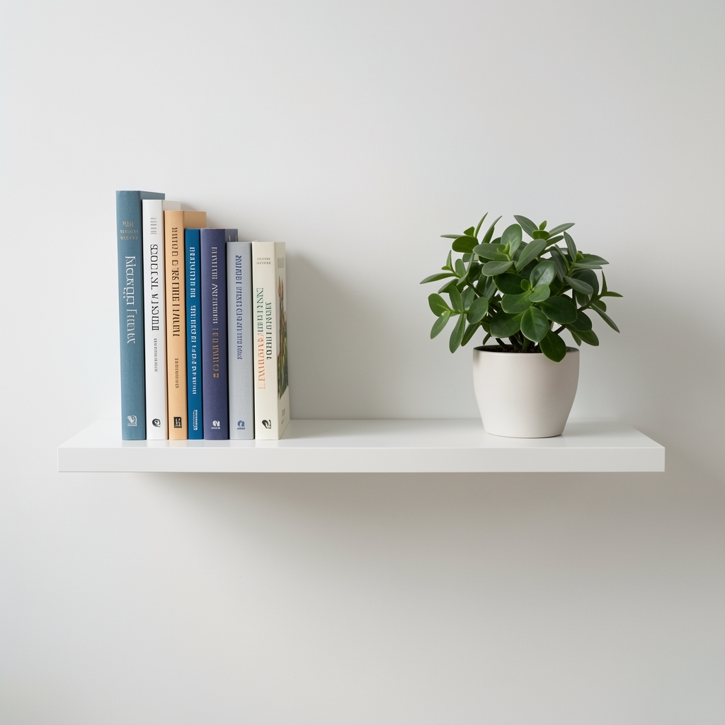 Clean white shelf with a small selection of books and a single plant in soft studio lighting