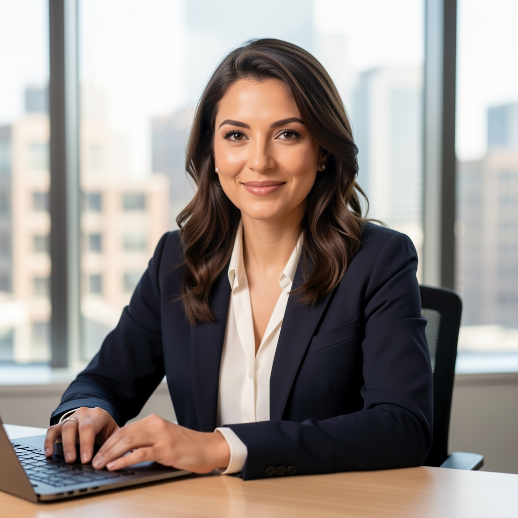 Portrait of a woman working at a desk in front of a large window with city buildings visible in the background