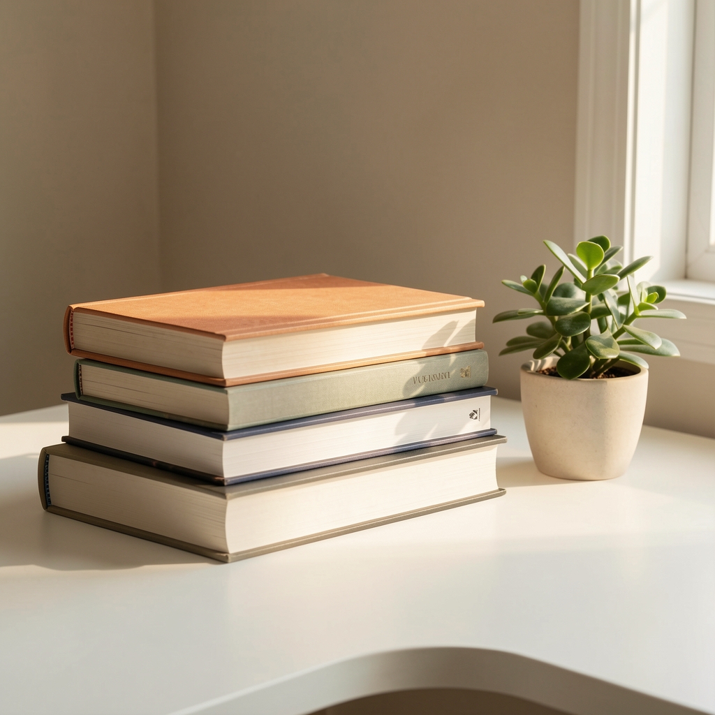 Stack of books on a clean white desk beside a small potted plant in warm diffused natural light