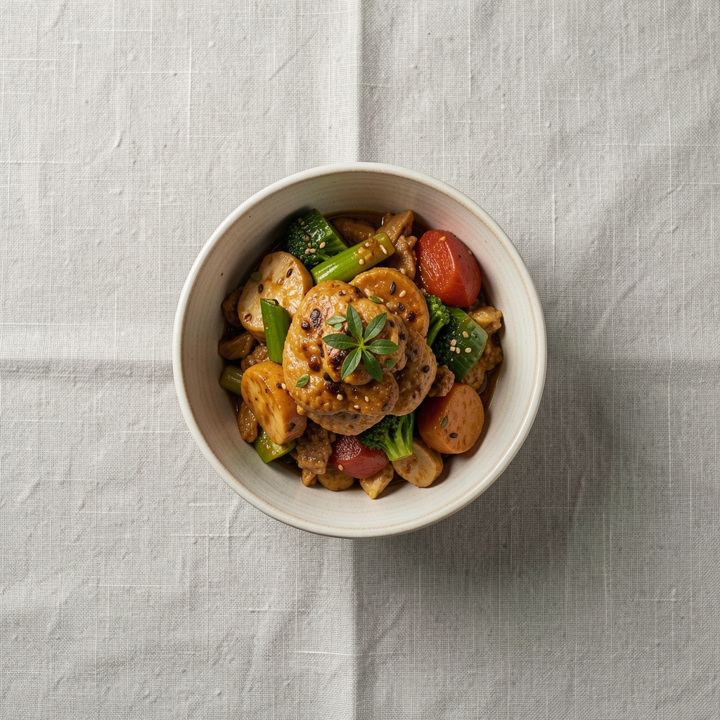 Simple ceramic bowl of food on a linen tablecloth photographed from above in clean, even daylight