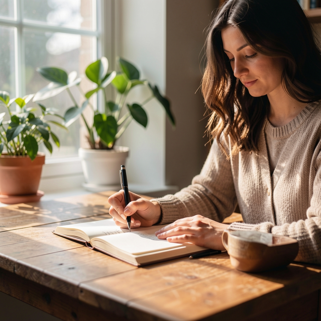 Person writing in a journal at a wooden table near a sunlit window, plants visible in soft background