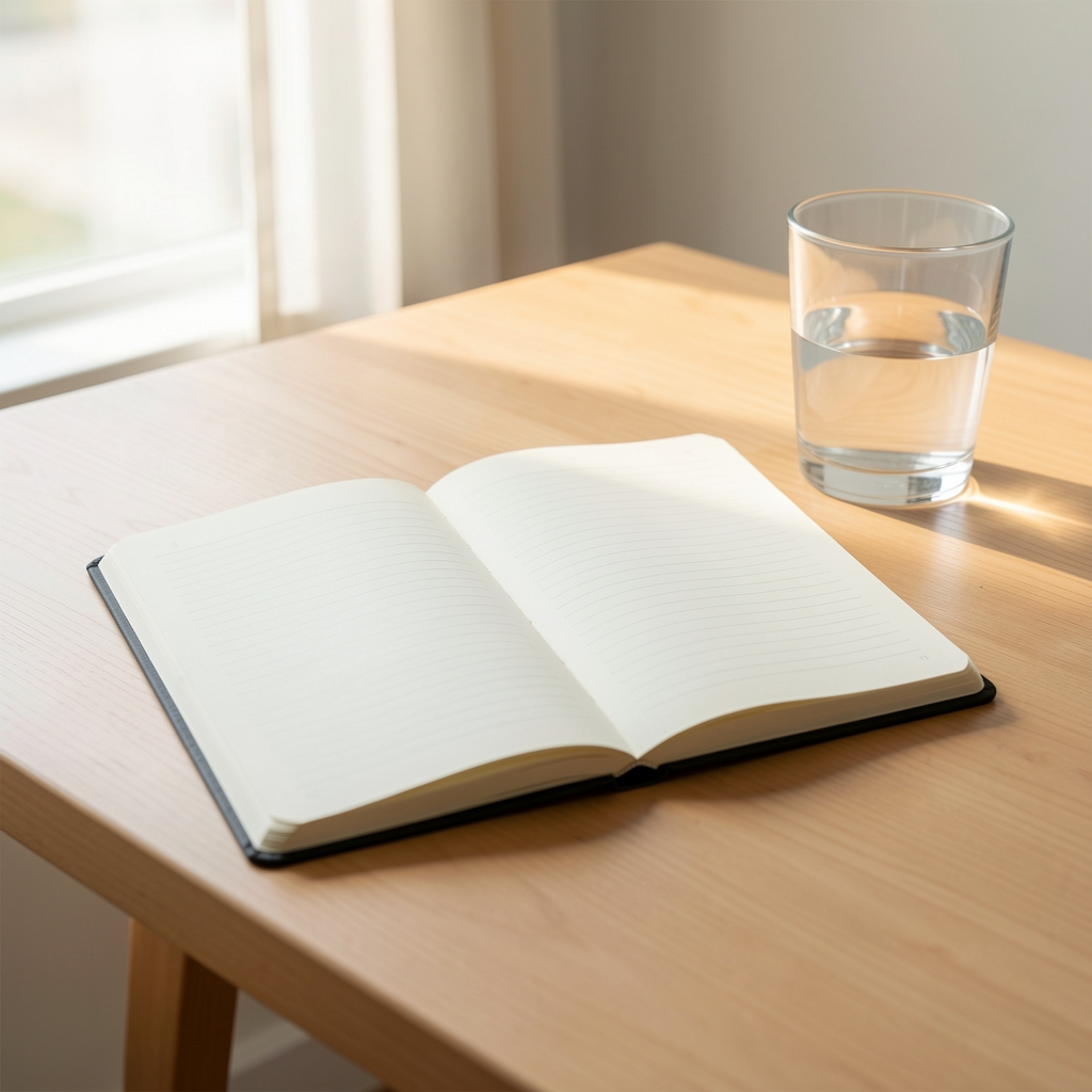 Notebook open flat on a clean wooden desk with a glass of water in soft morning light, minimal workspace composition